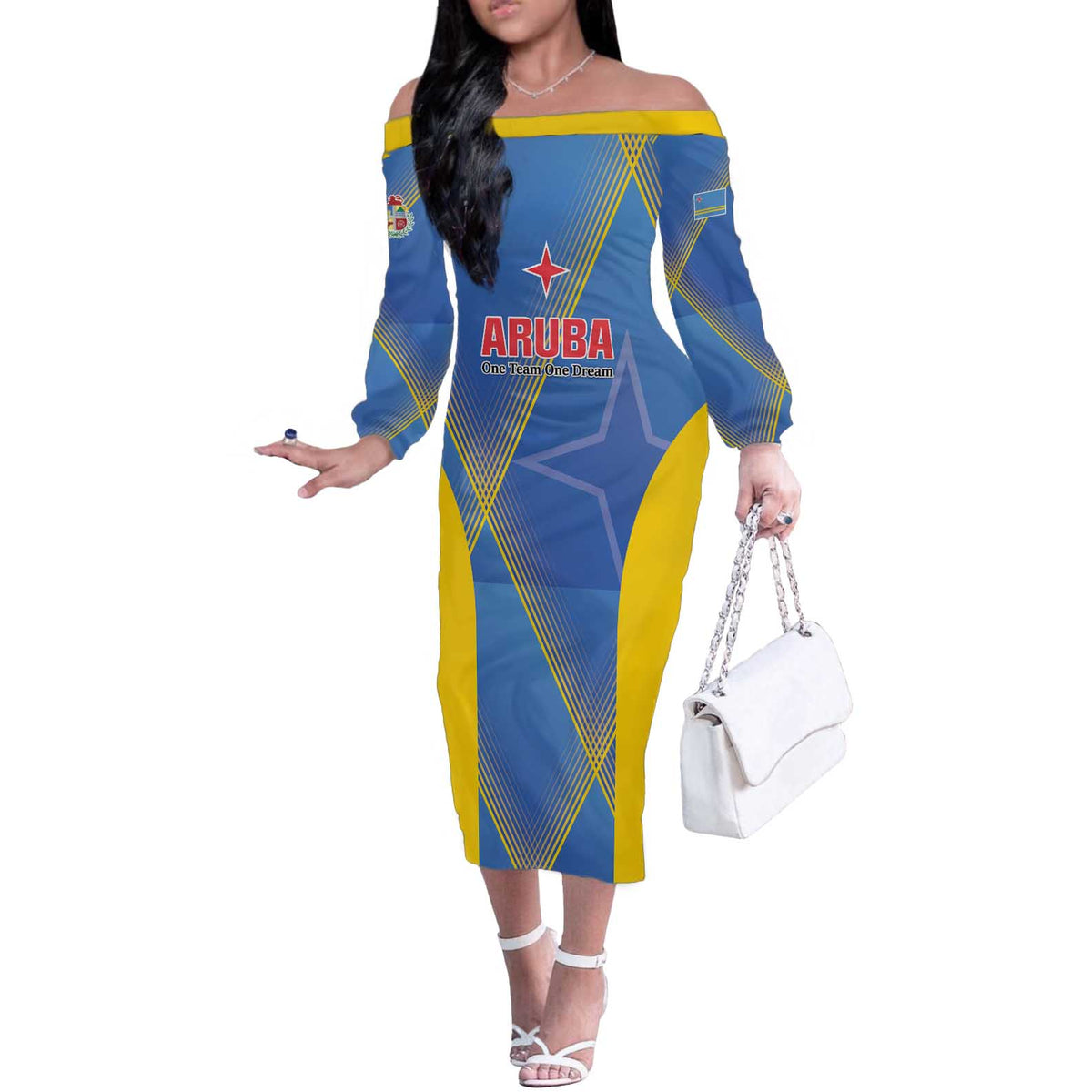 Custom Sport Team Aruba Off The Shoulder Long Sleeve Dress One Team One Dream