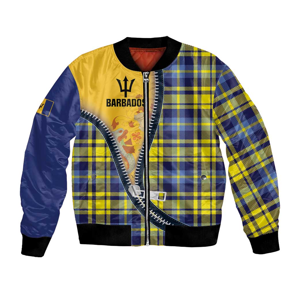 Barbados Celtic Festival Bomber Jacket Yellow Blue Tartan Zipper Stylized
