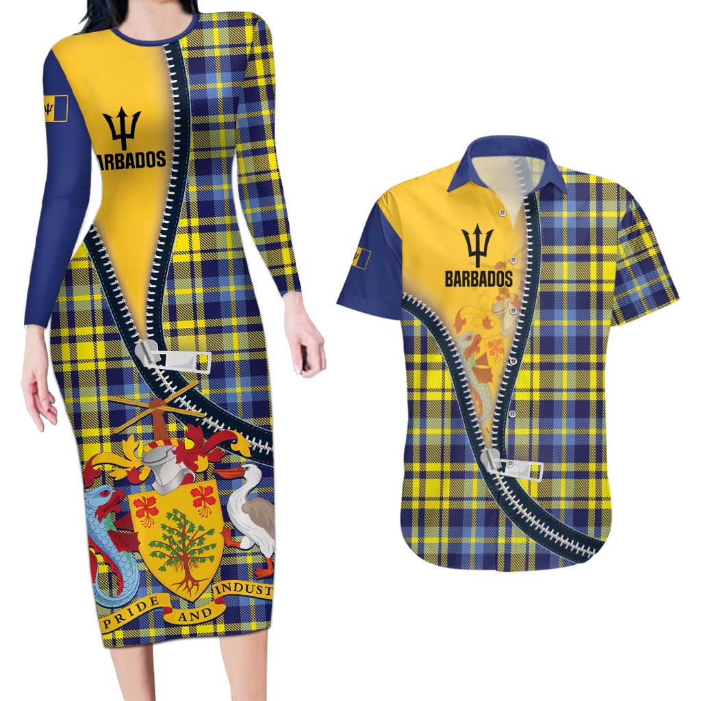 Barbados Celtic Festival Couples Matching Long Sleeve Bodycon Dress and Hawaiian Shirt Yellow Blue Tartan Zipper Stylized
