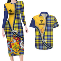 Barbados Celtic Festival Couples Matching Long Sleeve Bodycon Dress and Hawaiian Shirt Yellow Blue Tartan Zipper Stylized