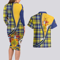 Barbados Celtic Festival Couples Matching Long Sleeve Bodycon Dress and Hawaiian Shirt Yellow Blue Tartan Zipper Stylized