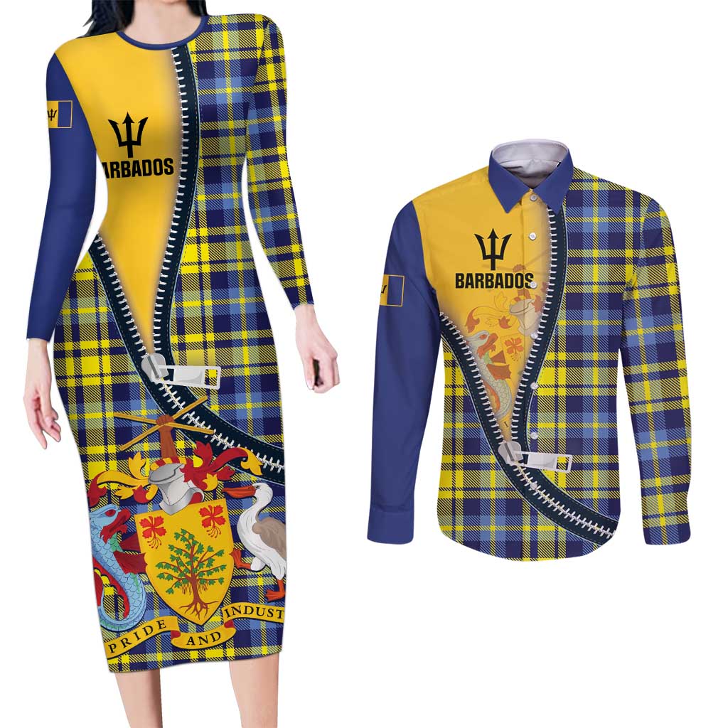 Barbados Celtic Festival Couples Matching Long Sleeve Bodycon Dress and Long Sleeve Button Shirt Yellow Blue Tartan Zipper Stylized