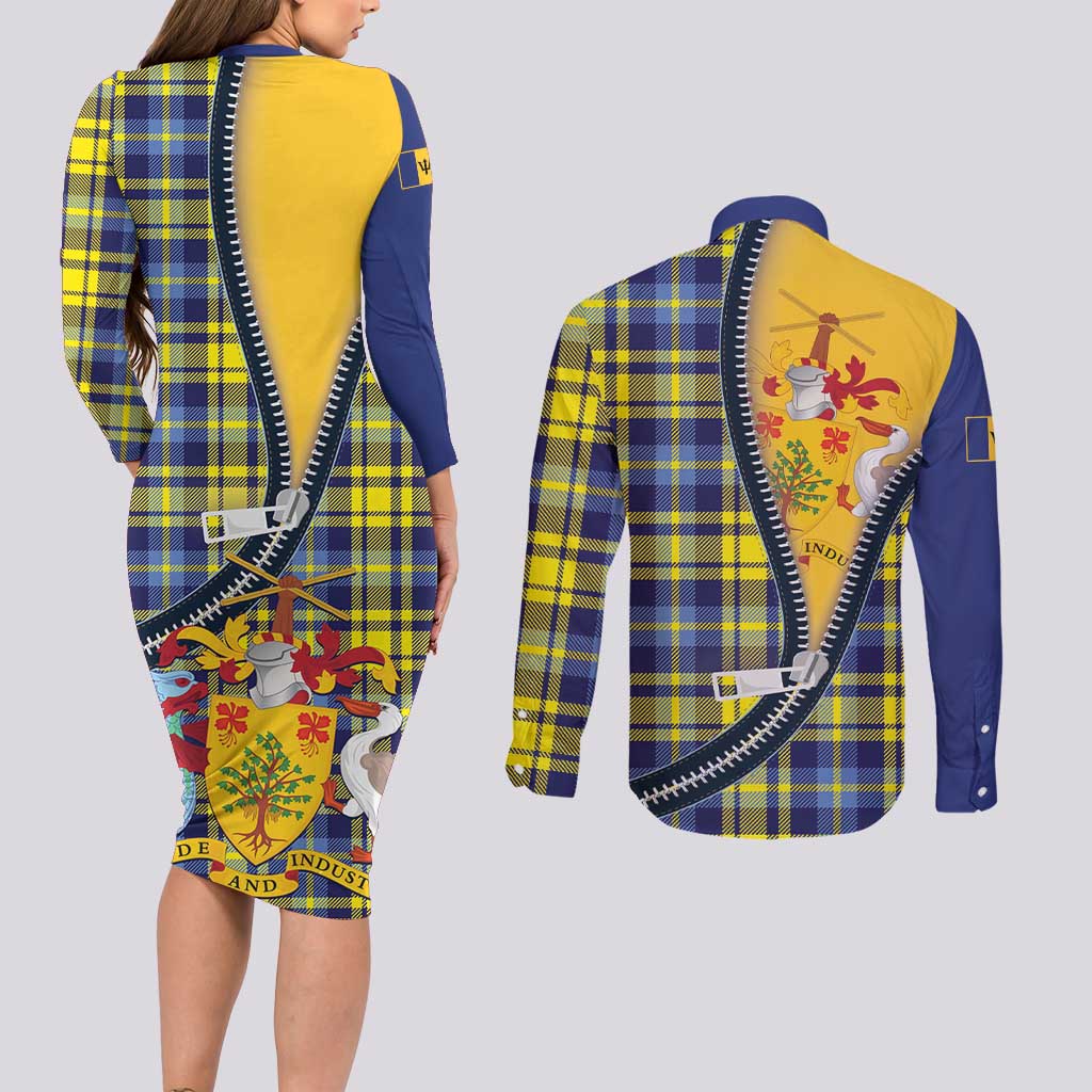 Barbados Celtic Festival Couples Matching Long Sleeve Bodycon Dress and Long Sleeve Button Shirt Yellow Blue Tartan Zipper Stylized