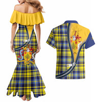 Barbados Celtic Festival Couples Matching Mermaid Dress and Hawaiian Shirt Yellow Blue Tartan Zipper Stylized