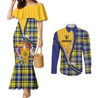 Barbados Celtic Festival Couples Matching Mermaid Dress and Long Sleeve Button Shirt Yellow Blue Tartan Zipper Stylized