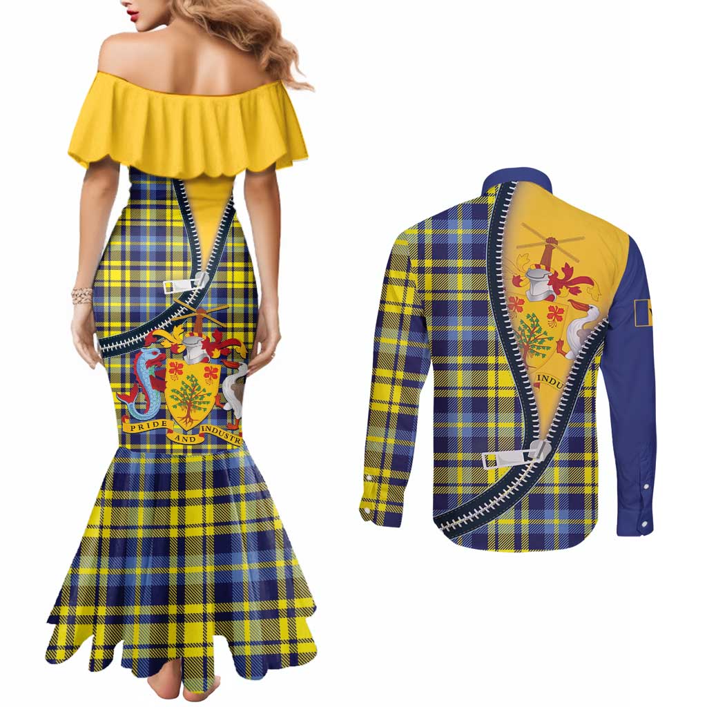 Barbados Celtic Festival Couples Matching Mermaid Dress and Long Sleeve Button Shirt Yellow Blue Tartan Zipper Stylized