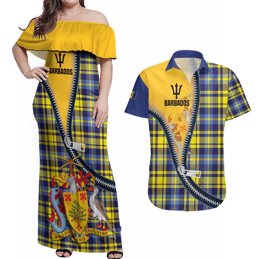 Barbados Celtic Festival Couples Matching Off Shoulder Maxi Dress and Hawaiian Shirt Yellow Blue Tartan Zipper Stylized