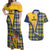 Barbados Celtic Festival Couples Matching Off Shoulder Maxi Dress and Hawaiian Shirt Yellow Blue Tartan Zipper Stylized