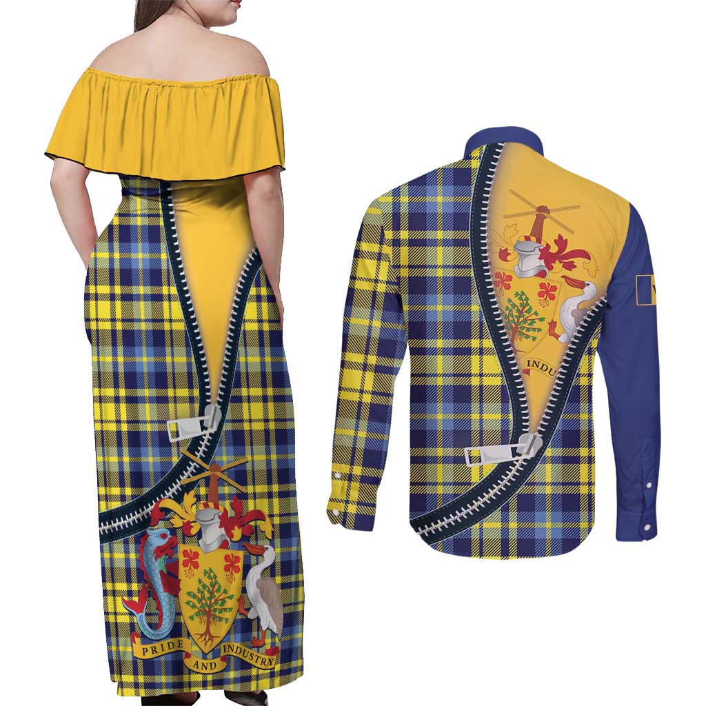 Barbados Celtic Festival Couples Matching Off Shoulder Maxi Dress and Long Sleeve Button Shirt Yellow Blue Tartan Zipper Stylized