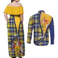 Barbados Celtic Festival Couples Matching Off Shoulder Maxi Dress and Long Sleeve Button Shirt Yellow Blue Tartan Zipper Stylized