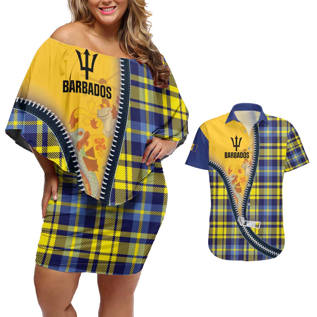 Barbados Celtic Festival Couples Matching Off Shoulder Short Dress and Hawaiian Shirt Yellow Blue Tartan Zipper Stylized