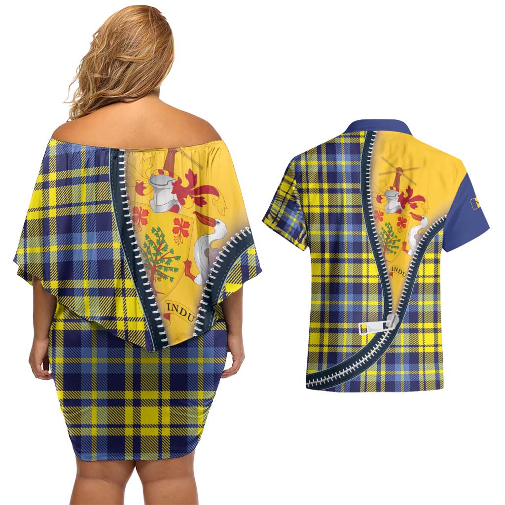 Barbados Celtic Festival Couples Matching Off Shoulder Short Dress and Hawaiian Shirt Yellow Blue Tartan Zipper Stylized