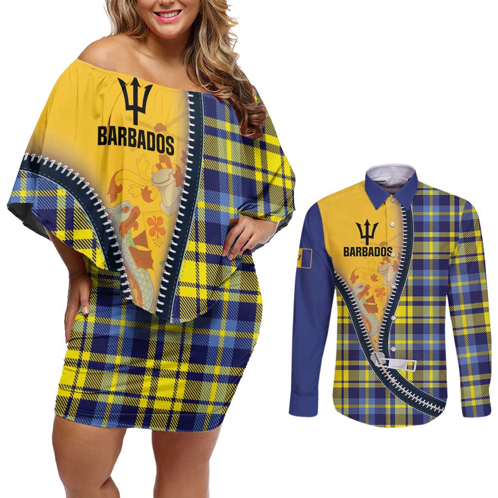Barbados Celtic Festival Couples Matching Off Shoulder Short Dress and Long Sleeve Button Shirt Yellow Blue Tartan Zipper Stylized