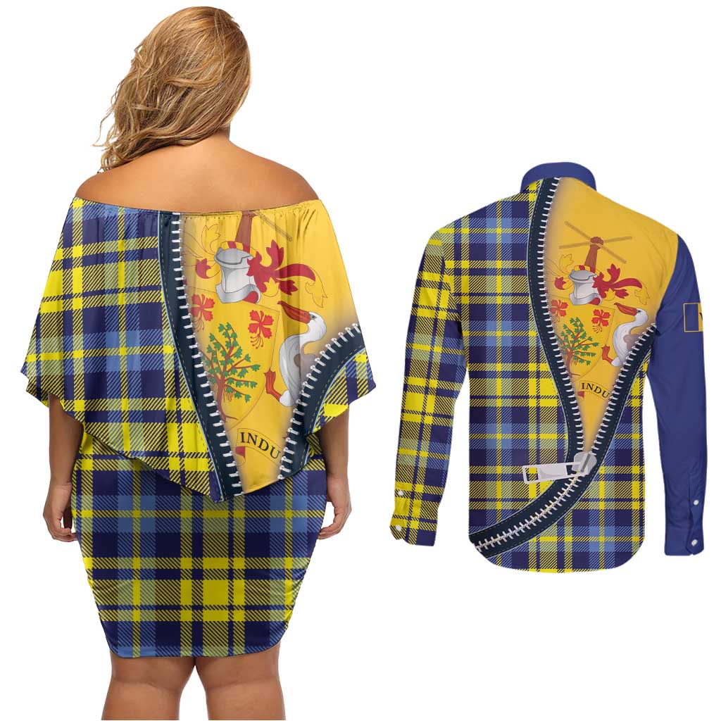 Barbados Celtic Festival Couples Matching Off Shoulder Short Dress and Long Sleeve Button Shirt Yellow Blue Tartan Zipper Stylized