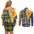 Barbados Celtic Festival Couples Matching Off Shoulder Short Dress and Long Sleeve Button Shirt Yellow Blue Tartan Zipper Stylized