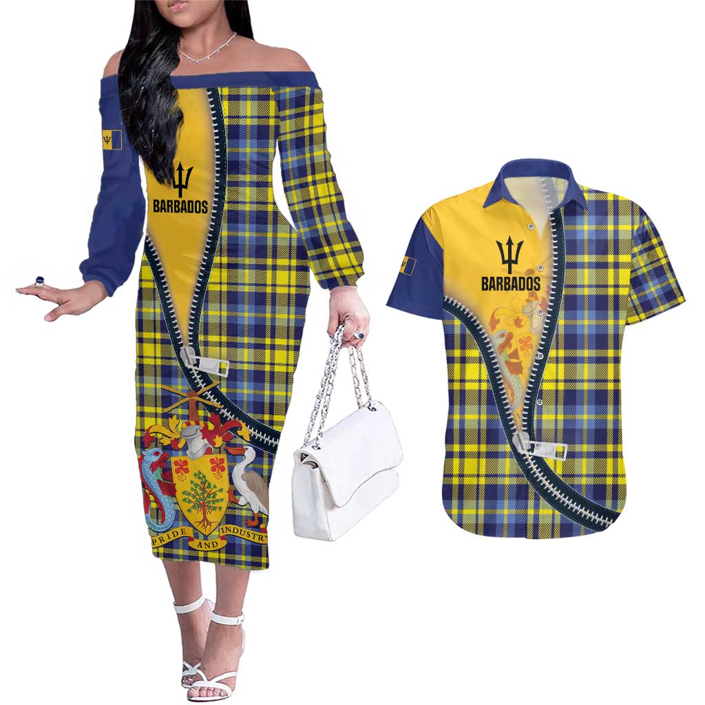 Barbados Celtic Festival Couples Matching Off The Shoulder Long Sleeve Dress and Hawaiian Shirt Yellow Blue Tartan Zipper Stylized