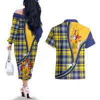Barbados Celtic Festival Couples Matching Off The Shoulder Long Sleeve Dress and Hawaiian Shirt Yellow Blue Tartan Zipper Stylized