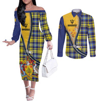 Barbados Celtic Festival Couples Matching Off The Shoulder Long Sleeve Dress and Long Sleeve Button Shirt Yellow Blue Tartan Zipper Stylized
