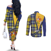 Barbados Celtic Festival Couples Matching Off The Shoulder Long Sleeve Dress and Long Sleeve Button Shirt Yellow Blue Tartan Zipper Stylized
