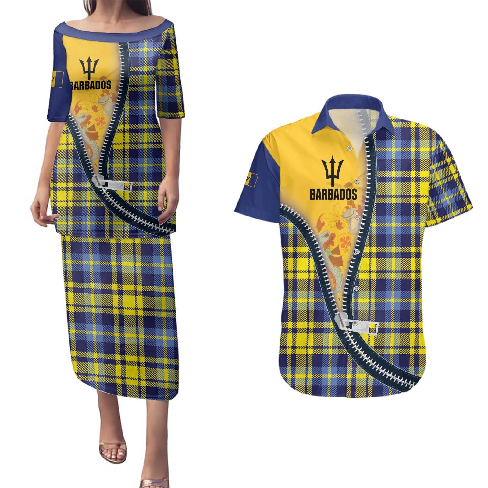 Barbados Celtic Festival Couples Matching Puletasi and Hawaiian Shirt Yellow Blue Tartan Zipper Stylized