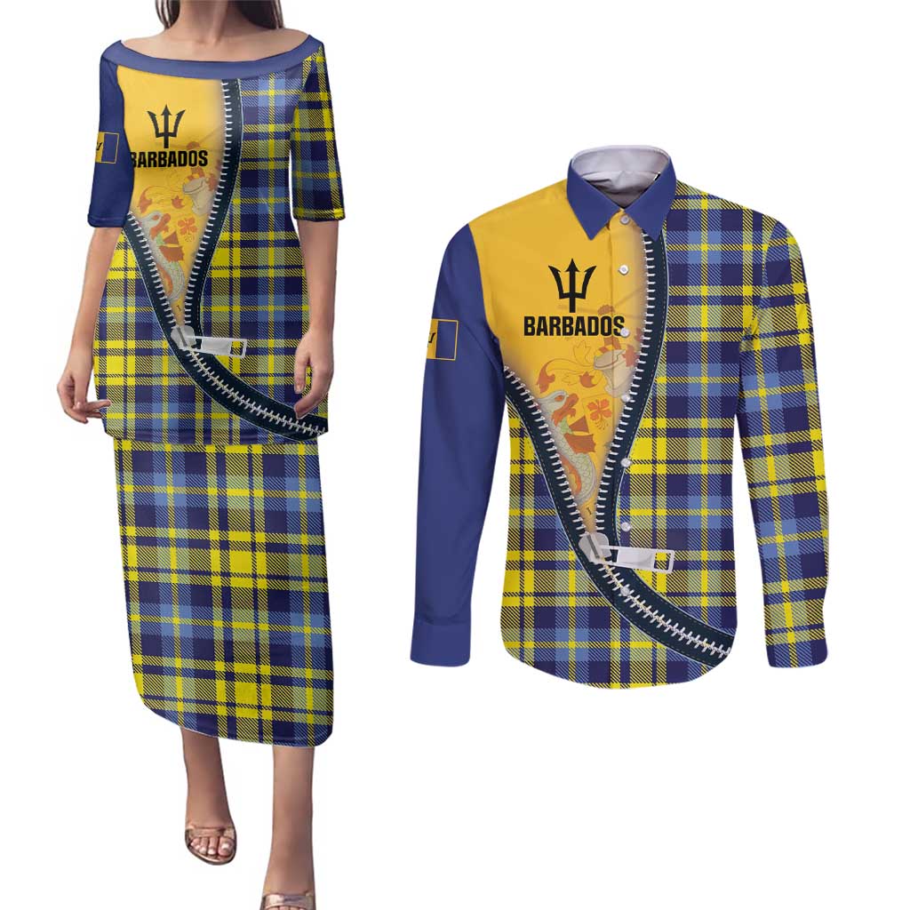 Barbados Celtic Festival Couples Matching Puletasi and Long Sleeve Button Shirt Yellow Blue Tartan Zipper Stylized