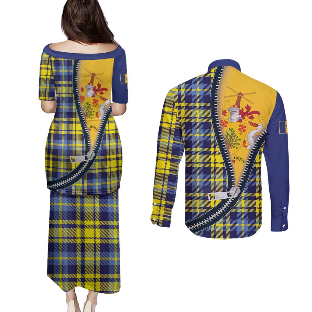 Barbados Celtic Festival Couples Matching Puletasi and Long Sleeve Button Shirt Yellow Blue Tartan Zipper Stylized