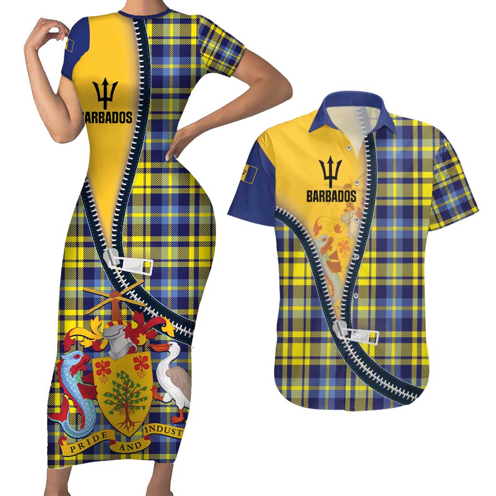 Barbados Celtic Festival Couples Matching Short Sleeve Bodycon Dress and Hawaiian Shirt Yellow Blue Tartan Zipper Stylized