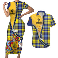 Barbados Celtic Festival Couples Matching Short Sleeve Bodycon Dress and Hawaiian Shirt Yellow Blue Tartan Zipper Stylized