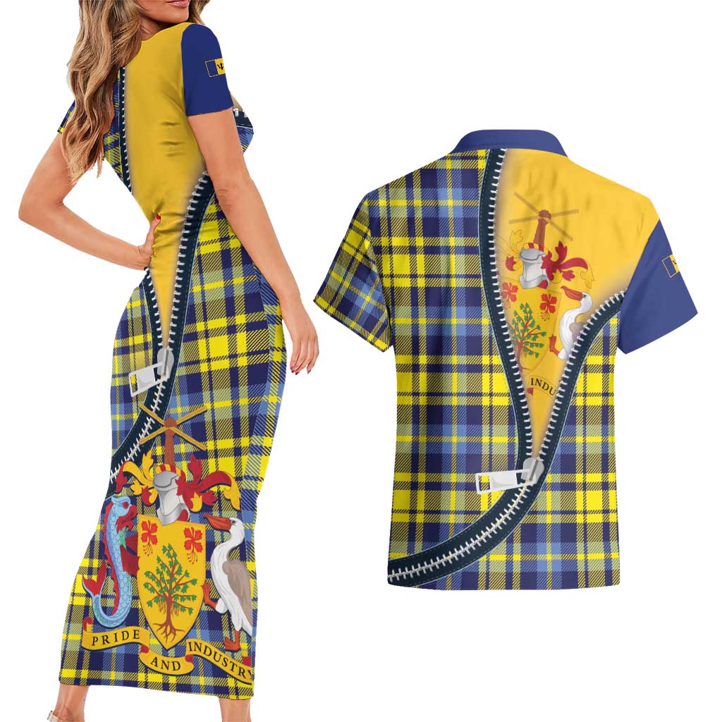 Barbados Celtic Festival Couples Matching Short Sleeve Bodycon Dress and Hawaiian Shirt Yellow Blue Tartan Zipper Stylized