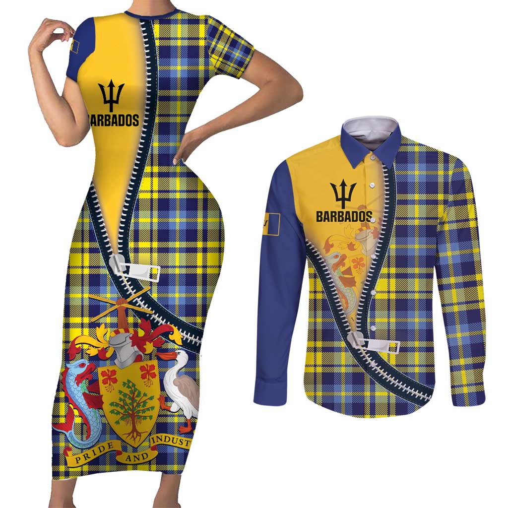 Barbados Celtic Festival Couples Matching Short Sleeve Bodycon Dress and Long Sleeve Button Shirt Yellow Blue Tartan Zipper Stylized