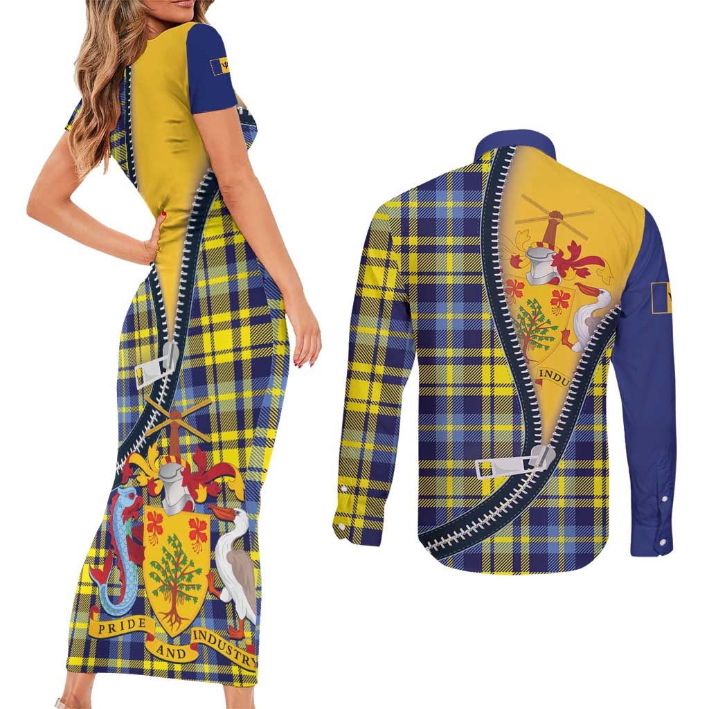 Barbados Celtic Festival Couples Matching Short Sleeve Bodycon Dress and Long Sleeve Button Shirt Yellow Blue Tartan Zipper Stylized