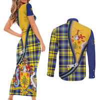 Barbados Celtic Festival Couples Matching Short Sleeve Bodycon Dress and Long Sleeve Button Shirt Yellow Blue Tartan Zipper Stylized