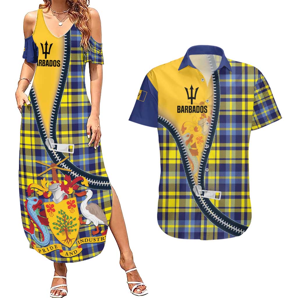 Barbados Celtic Festival Couples Matching Summer Maxi Dress and Hawaiian Shirt Yellow Blue Tartan Zipper Stylized