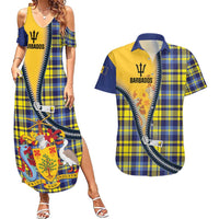 Barbados Celtic Festival Couples Matching Summer Maxi Dress and Hawaiian Shirt Yellow Blue Tartan Zipper Stylized