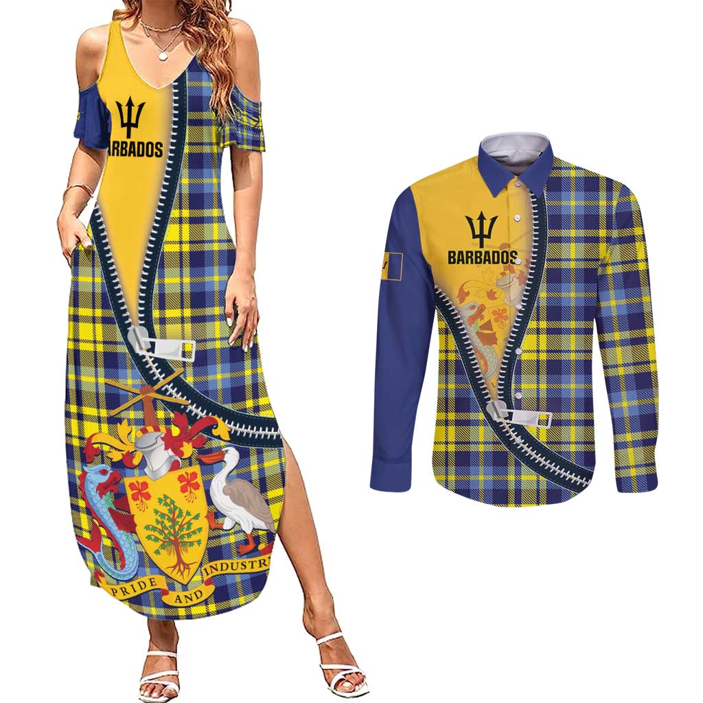 Barbados Celtic Festival Couples Matching Summer Maxi Dress and Long Sleeve Button Shirt Yellow Blue Tartan Zipper Stylized
