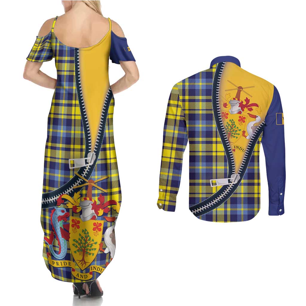 Barbados Celtic Festival Couples Matching Summer Maxi Dress and Long Sleeve Button Shirt Yellow Blue Tartan Zipper Stylized