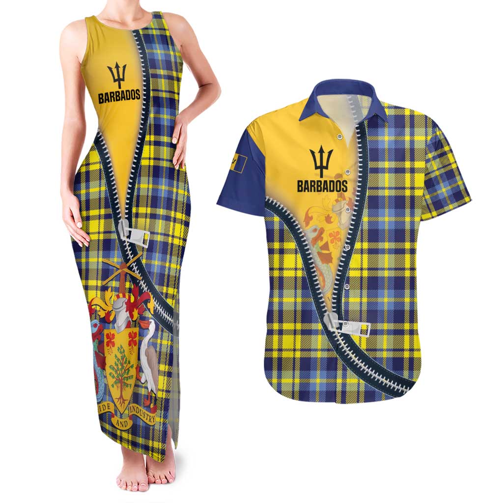 Barbados Celtic Festival Couples Matching Tank Maxi Dress and Hawaiian Shirt Yellow Blue Tartan Zipper Stylized