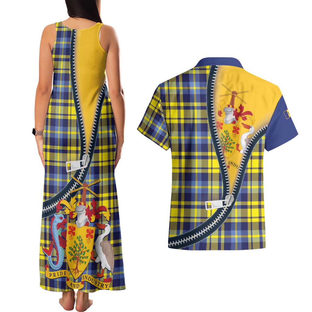 Barbados Celtic Festival Couples Matching Tank Maxi Dress and Hawaiian Shirt Yellow Blue Tartan Zipper Stylized