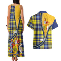 Barbados Celtic Festival Couples Matching Tank Maxi Dress and Hawaiian Shirt Yellow Blue Tartan Zipper Stylized