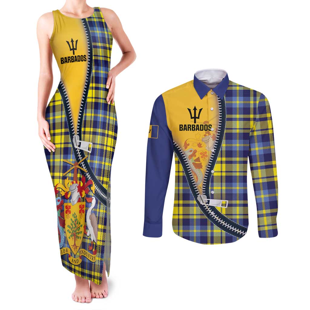 Barbados Celtic Festival Couples Matching Tank Maxi Dress and Long Sleeve Button Shirt Yellow Blue Tartan Zipper Stylized