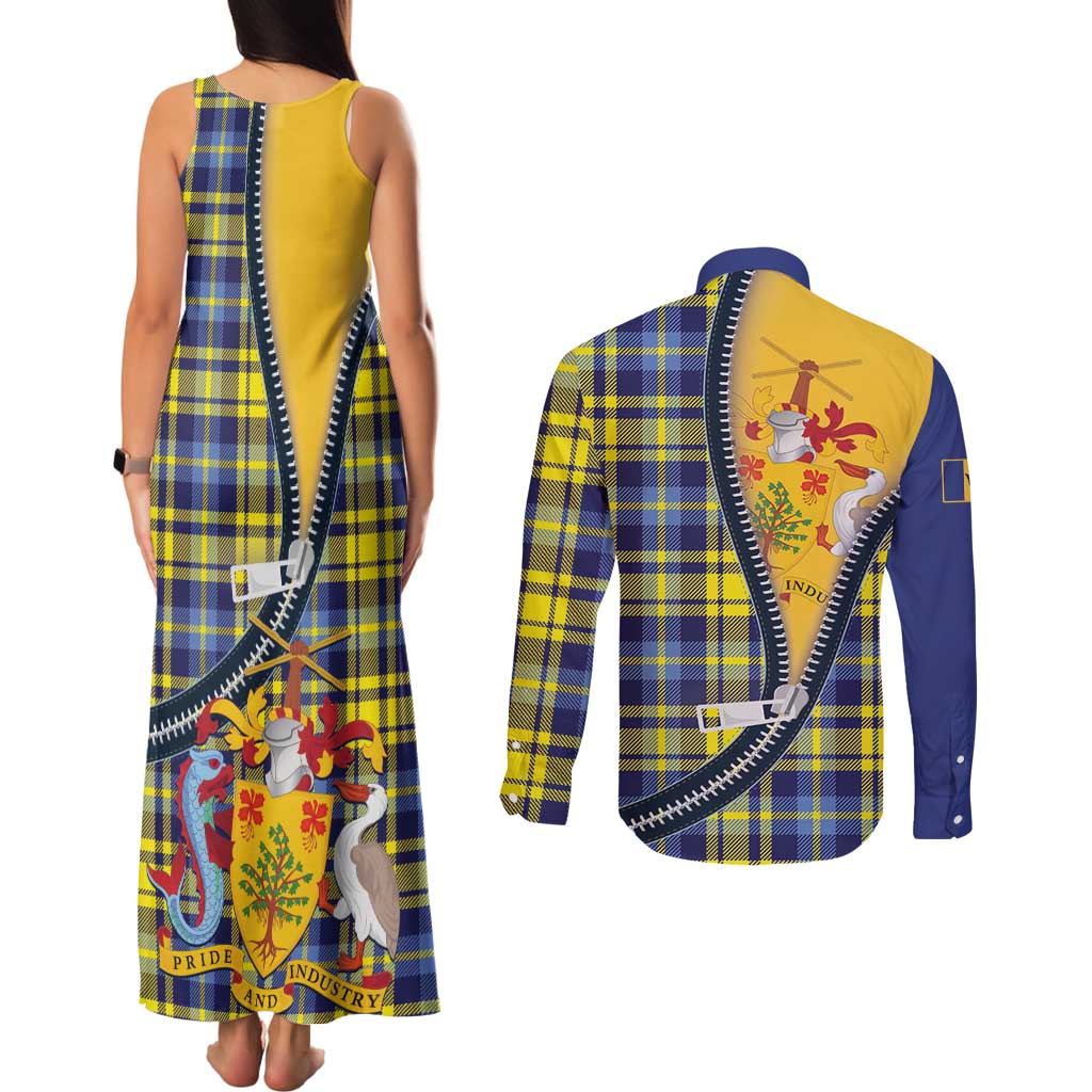 Barbados Celtic Festival Couples Matching Tank Maxi Dress and Long Sleeve Button Shirt Yellow Blue Tartan Zipper Stylized