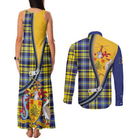 Barbados Celtic Festival Couples Matching Tank Maxi Dress and Long Sleeve Button Shirt Yellow Blue Tartan Zipper Stylized