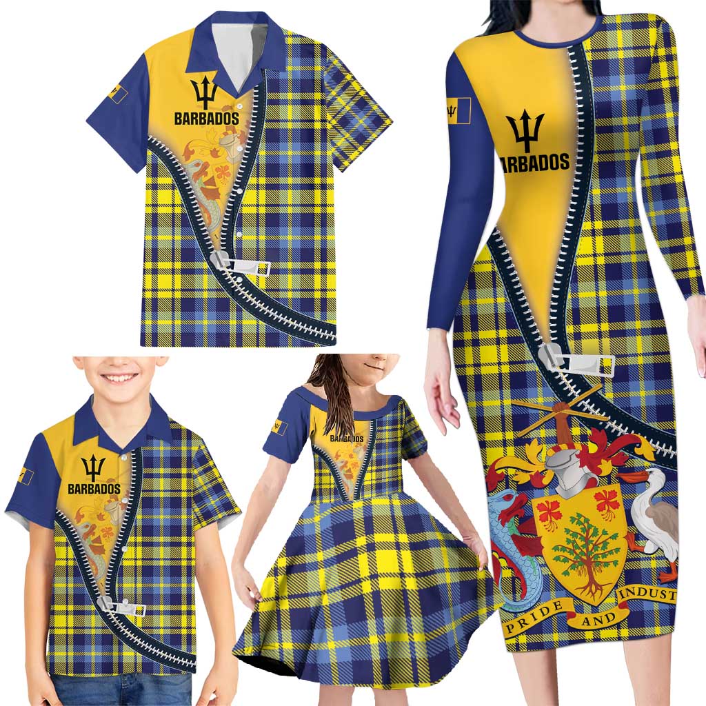 Barbados Celtic Festival Family Matching Long Sleeve Bodycon Dress and Hawaiian Shirt Yellow Blue Tartan Zipper Stylized