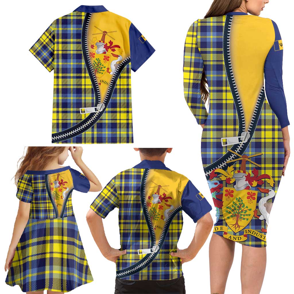 Barbados Celtic Festival Family Matching Long Sleeve Bodycon Dress and Hawaiian Shirt Yellow Blue Tartan Zipper Stylized