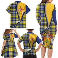 Barbados Celtic Festival Family Matching Long Sleeve Bodycon Dress and Hawaiian Shirt Yellow Blue Tartan Zipper Stylized