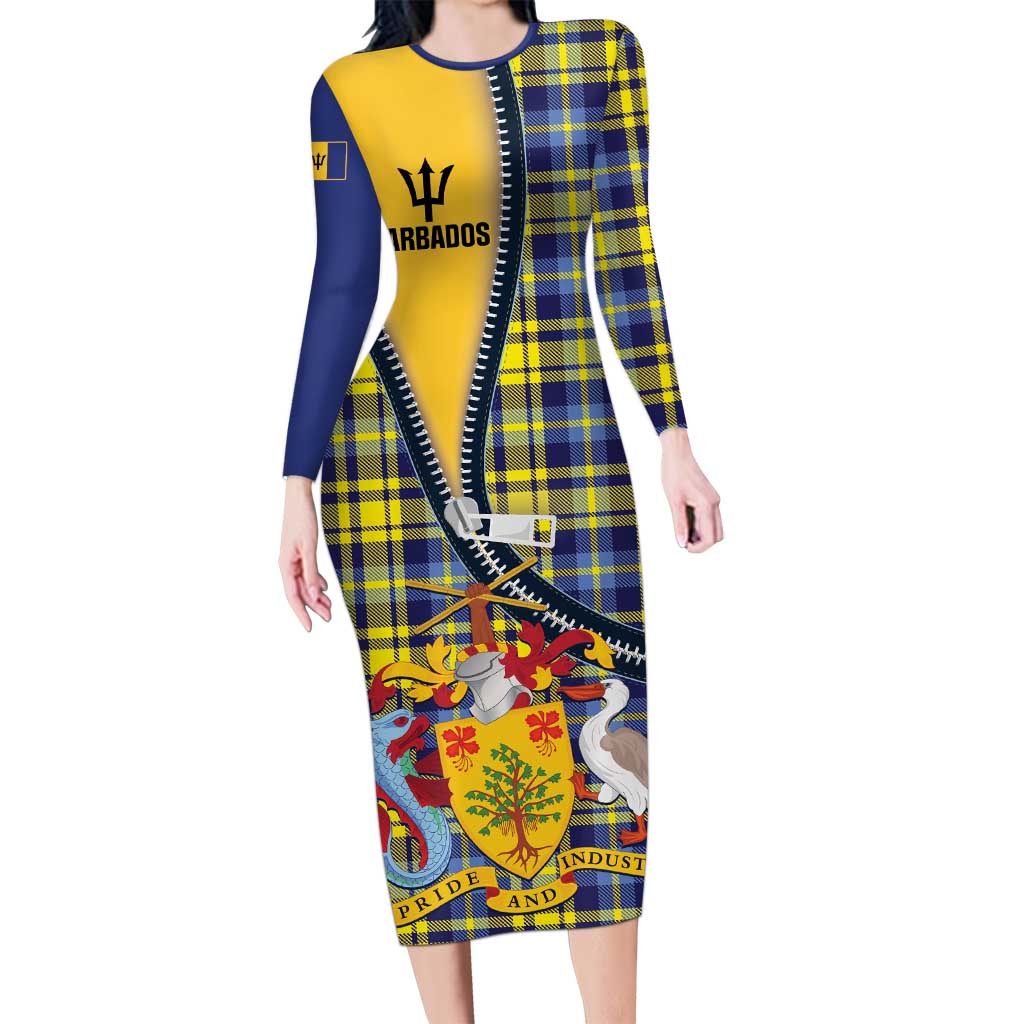 Barbados Celtic Festival Family Matching Long Sleeve Bodycon Dress and Hawaiian Shirt Yellow Blue Tartan Zipper Stylized