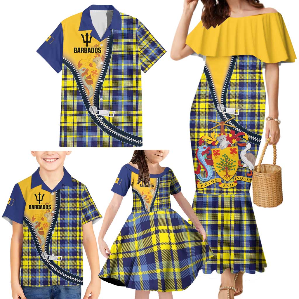 Barbados Celtic Festival Family Matching Mermaid Dress and Hawaiian Shirt Yellow Blue Tartan Zipper Stylized