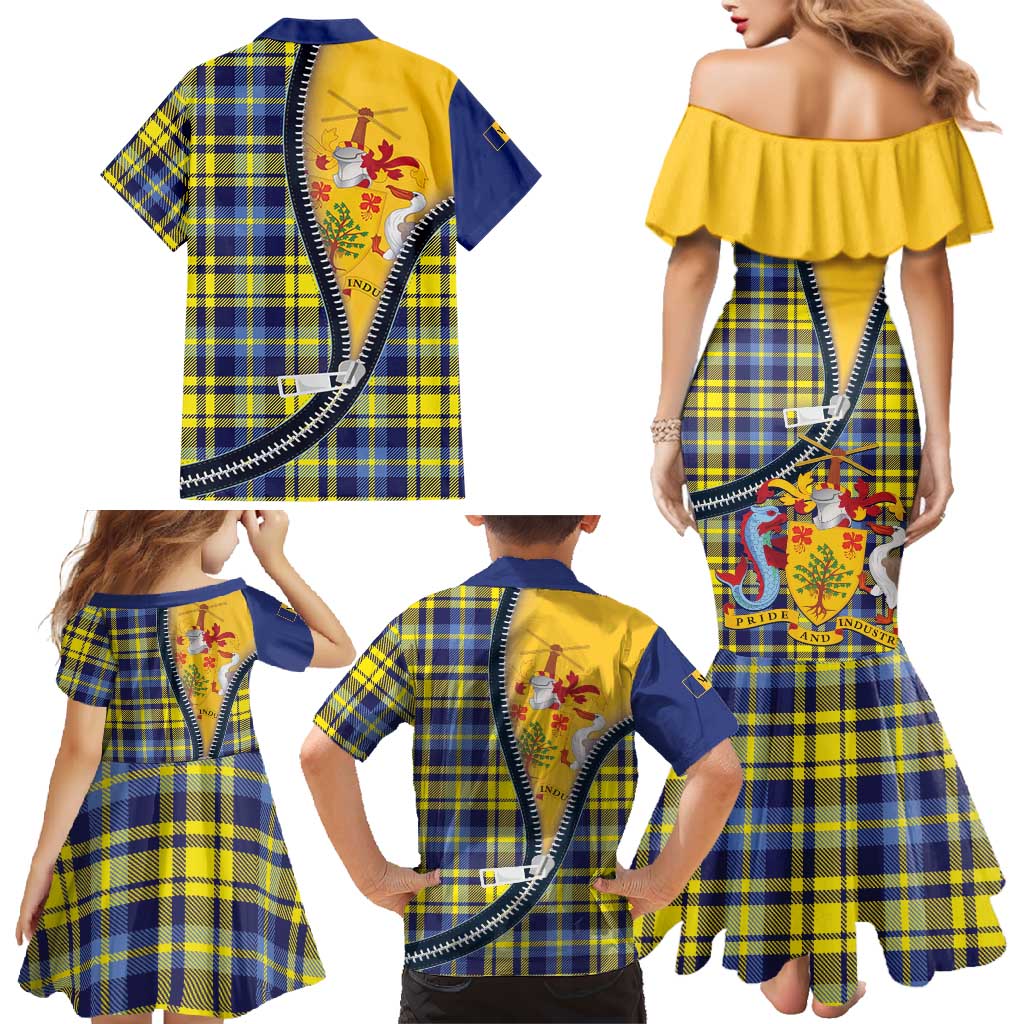 Barbados Celtic Festival Family Matching Mermaid Dress and Hawaiian Shirt Yellow Blue Tartan Zipper Stylized