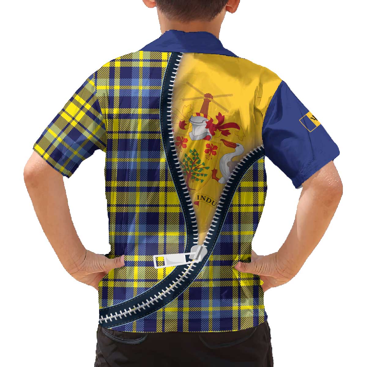 Barbados Celtic Festival Family Matching Off The Shoulder Long Sleeve Dress and Hawaiian Shirt Yellow Blue Tartan Zipper Stylized