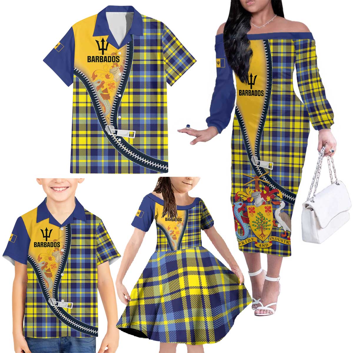 Barbados Celtic Festival Family Matching Off The Shoulder Long Sleeve Dress and Hawaiian Shirt Yellow Blue Tartan Zipper Stylized